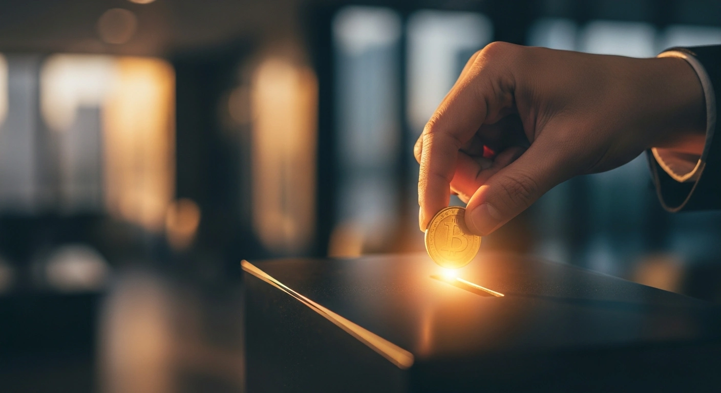 A close-up of a hand depositing a gold coin into a digital savings vault to represent the new Australian payday superannuation reform.