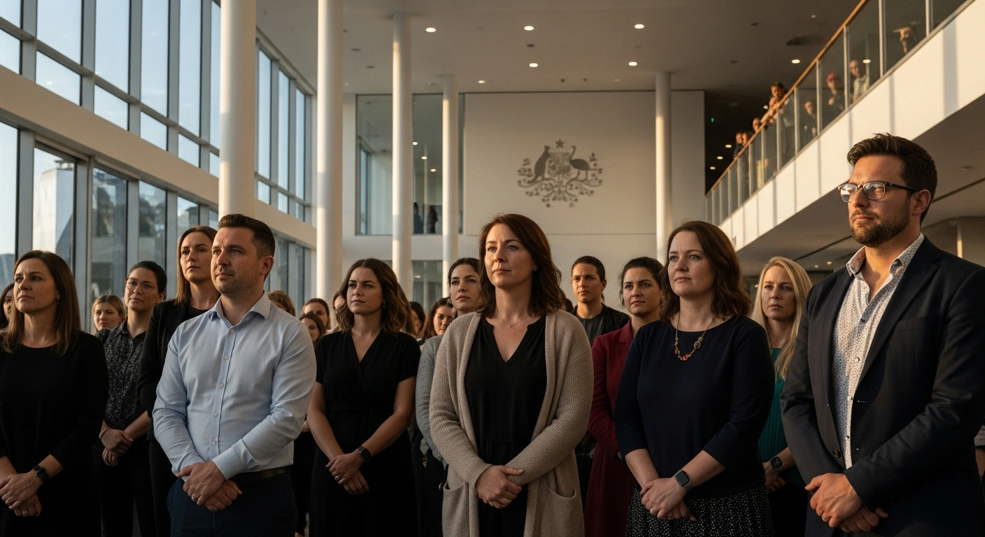 A diverse group of Australians stands in a sunlit public atrium, representing the impact of 2026 policy changes including increased social welfare payments, reduced PBS prescription co-payments, and higher passport fees, aimed at addressing cost-of-living pressures.