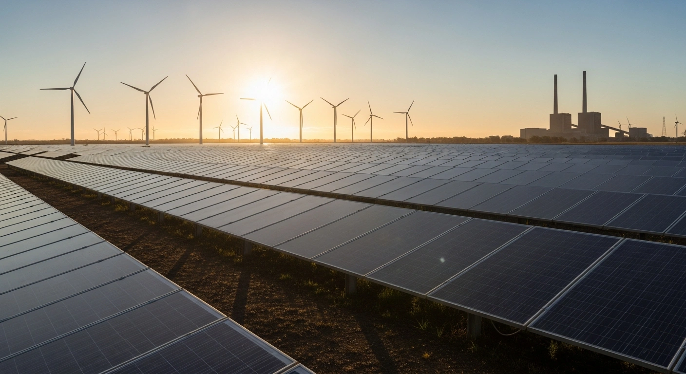 A panoramic shot at dawn captures a vast Australian landscape featuring a sprawling solar farm and elegant wind turbines, symbolizing the National Electricity Market's milestone of over 51% renewable energy supply, while a distant, dormant coal power plant represents the all-time quarterly low in coal generation.