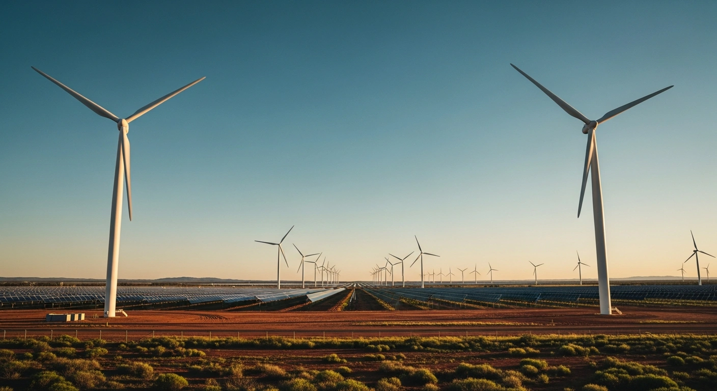 A vast solar farm and wind turbines stand in the Australian outback as part of a government-backed renewable energy project.