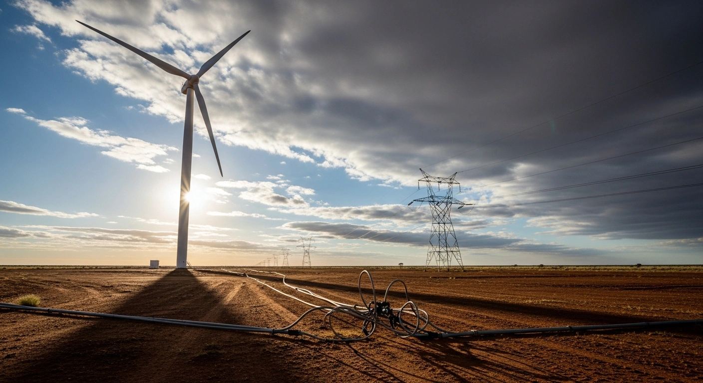 A towering, modern wind turbine stands in an arid Australian landscape, its connection cables frayed and lying disconnected on the ground, leading towards an older power grid infrastructure under a mixed sky, symbolizing grid connection delays hindering Australia's renewable energy projects and threatening national goals.