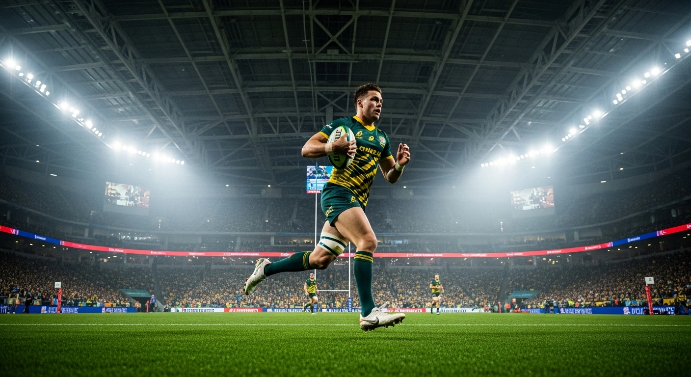 An Australian rugby sevens player competes on the field at BC Place during the HSBC SVNS World Series tournament in Vancouver.
