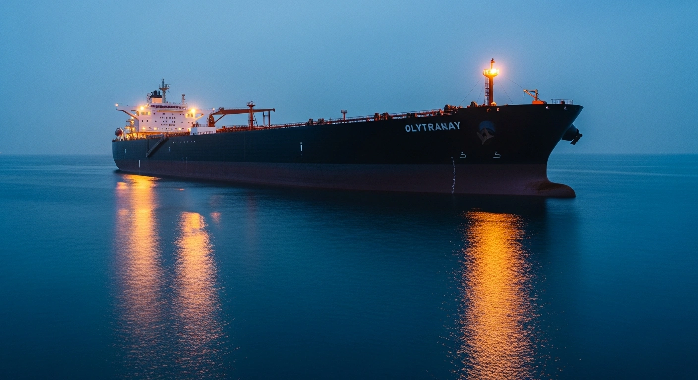 A large industrial oil tanker sits in a harbor at twilight as part of the Australian government's initiative to secure national diesel fuel reserves.