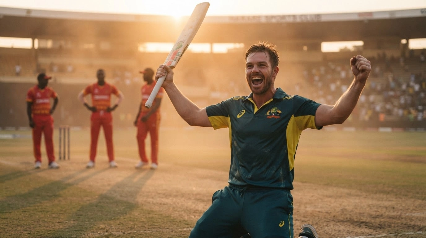 An Australian cricketer celebrates a narrow one-wicket victory over Zimbabwe at the Harare Sports Club to complete an ODI series sweep.