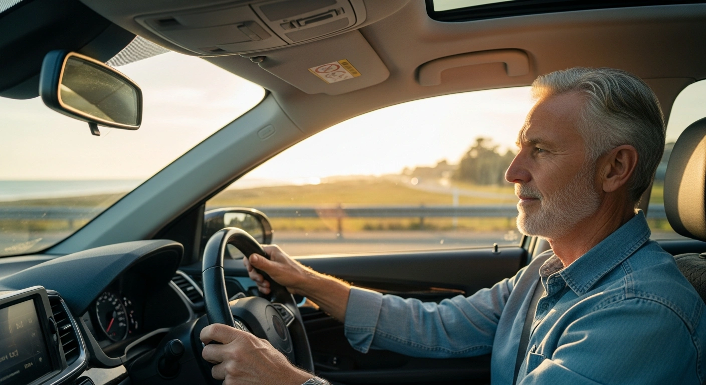 An older Australian driver sits behind the wheel of a car, representing the new national framework for senior driver medical fitness and license renewal.