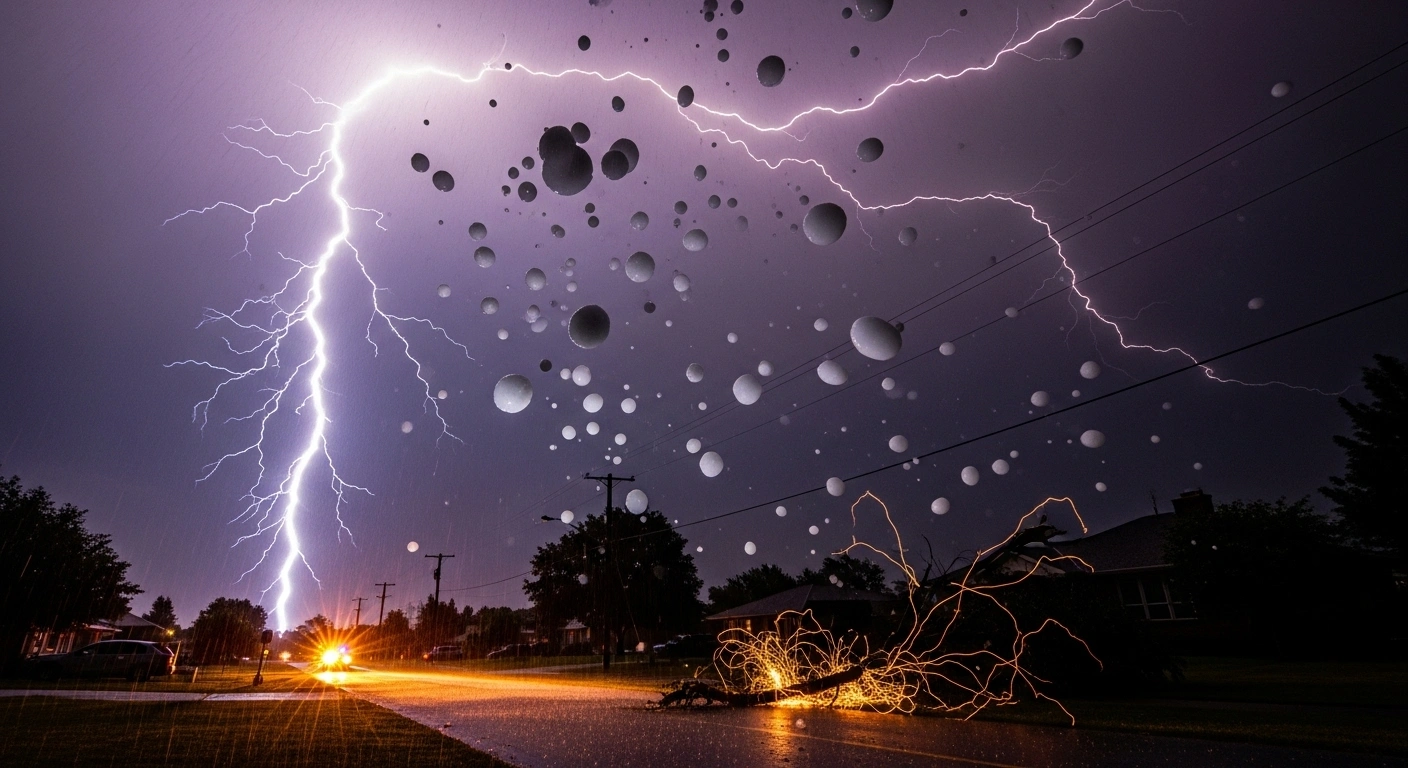 A dramatic lightning bolt illuminates a dark, stormy sky over a suburban street in Australia, depicting the severe thunderstorms and widespread power outages that hit Queensland and Victoria, with torrential rain and large hailstones visible.