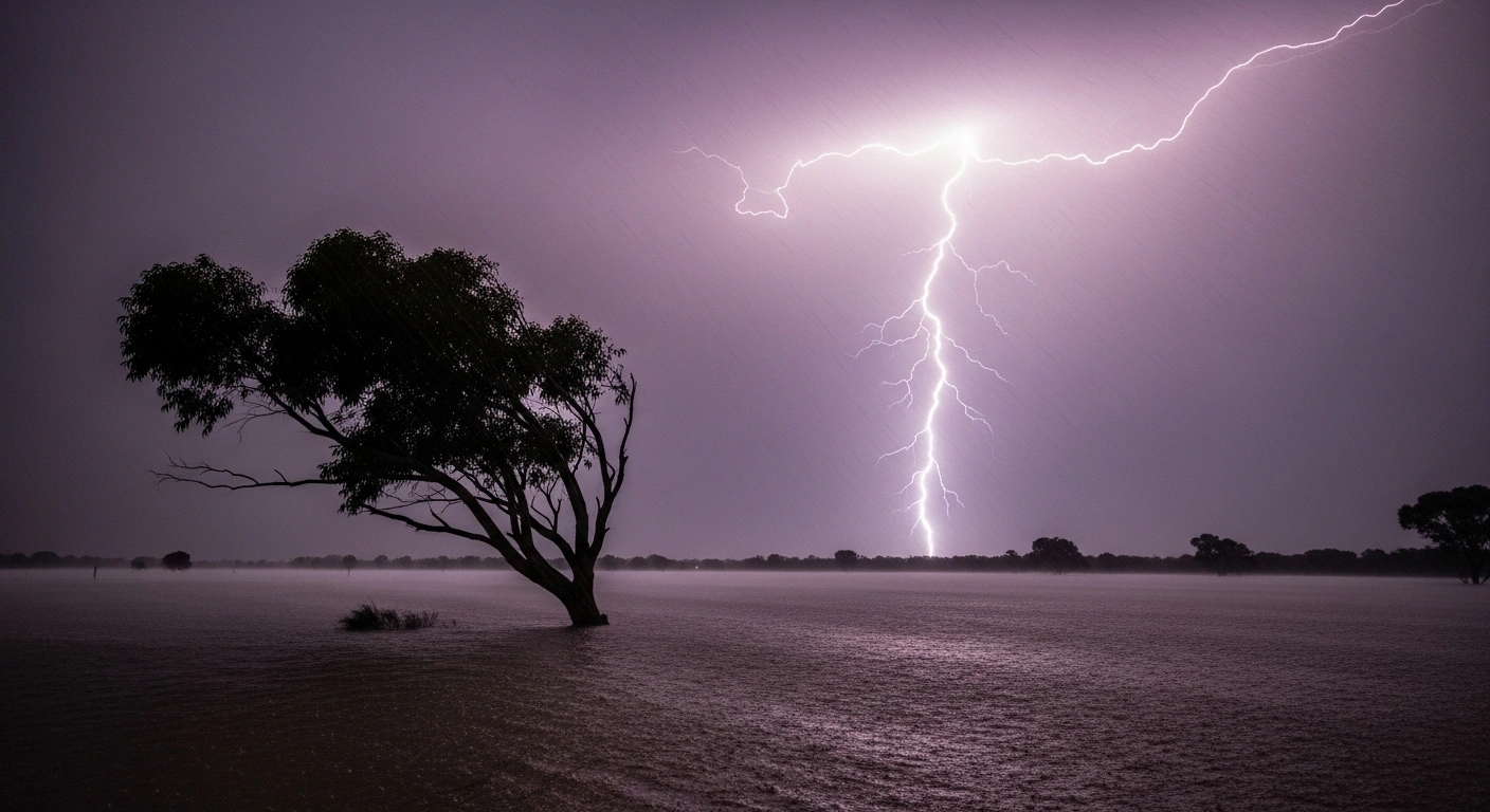 A wide, dramatic shot of a flooded Australian landscape at dusk, with torrential rain, a powerful lightning strike illuminating a dark sky, and a lone eucalyptus tree battling strong winds, illustrating the widespread severe weather, heavy rain, thunderstorms, and flash flooding warnings across Australia.