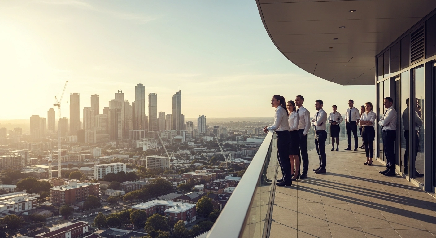 A diverse group of skilled professionals stands overlooking a modern Australian city skyline to represent the government's reform of the skilled migration points test.