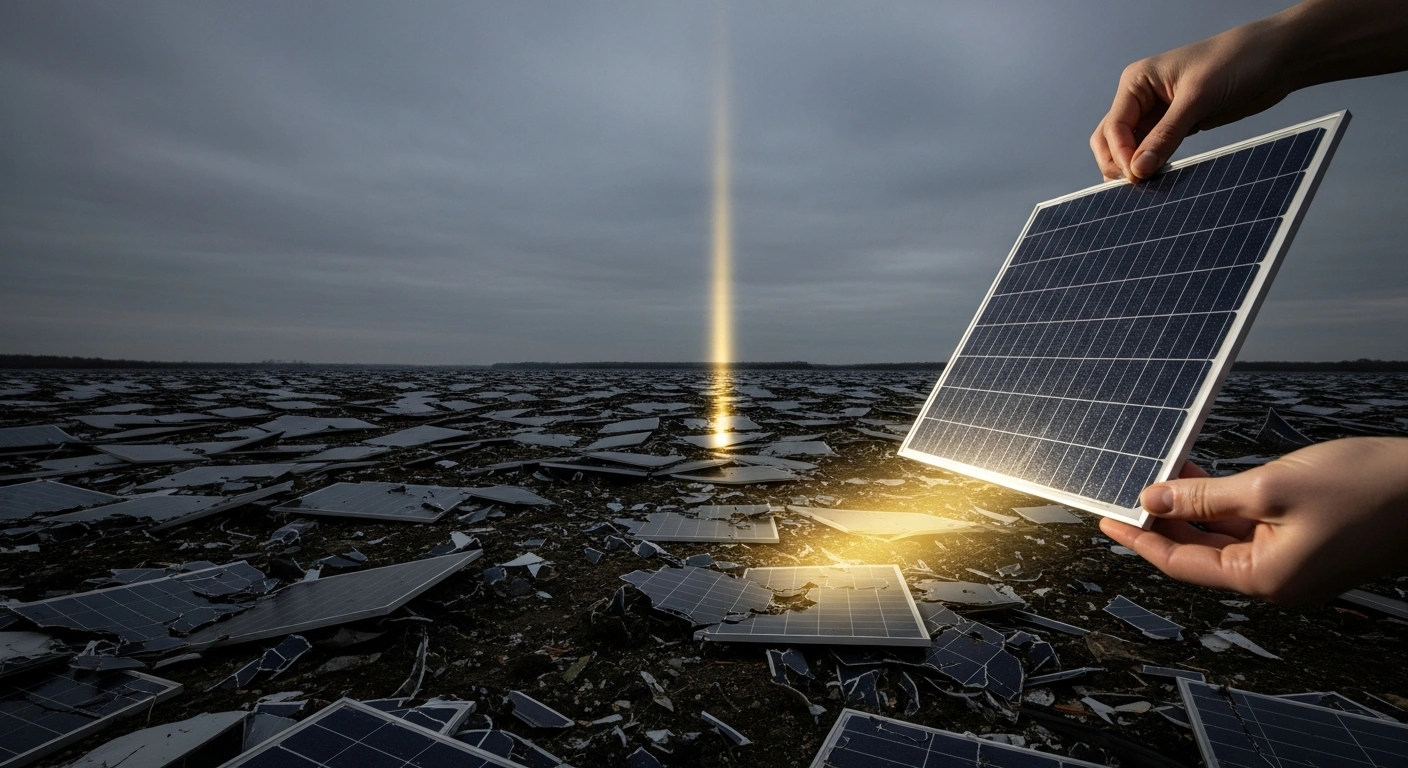A dramatic image depicts a vast, desolate field of broken solar panels under a stormy sky, with a focused beam of light illuminating a pristine, newly manufactured solar cell in the foreground, representing Australia's formal inquiry into solar module reuse and recycling to address growing solar waste and explore a circular economy.