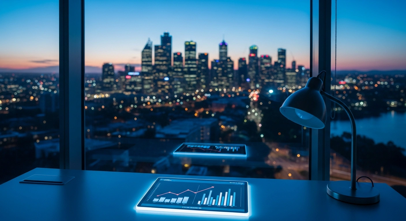 A modern office workspace overlooking an Australian city skyline represents the government's consideration of capital gains tax concessions for the startup sector.
