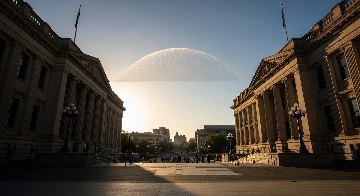 A wide-angle, low-angle shot of a grand Australian government building at golden hour, with a subtle, shimmering barrier hovering over a distant university campus, symbolizing the Albanese government's new Universities Accord Bill 2025 to establish the Australian Tertiary Education Commission (ATEC) and cap international student enrollments.