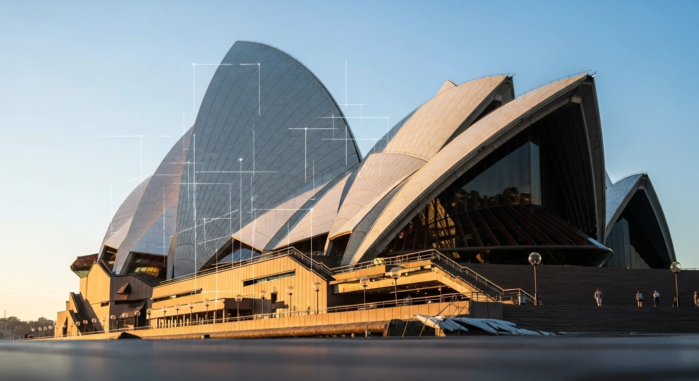 A low-angle shot of the Sydney Opera House at dawn, illuminated by golden light, with subtle grid-like light patterns emanating from its base, symbolizing Australia's new Ministerial Direction 115 managing international student growth through a three-tier priority system for visa applications linked to education provider allocations.