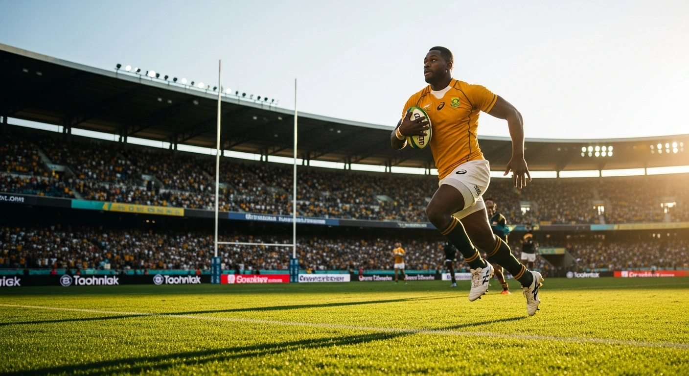 An Australian U20 rugby player sprints across the field during a dominant match against Spain at the World Rugby U20 Championship in South Africa.