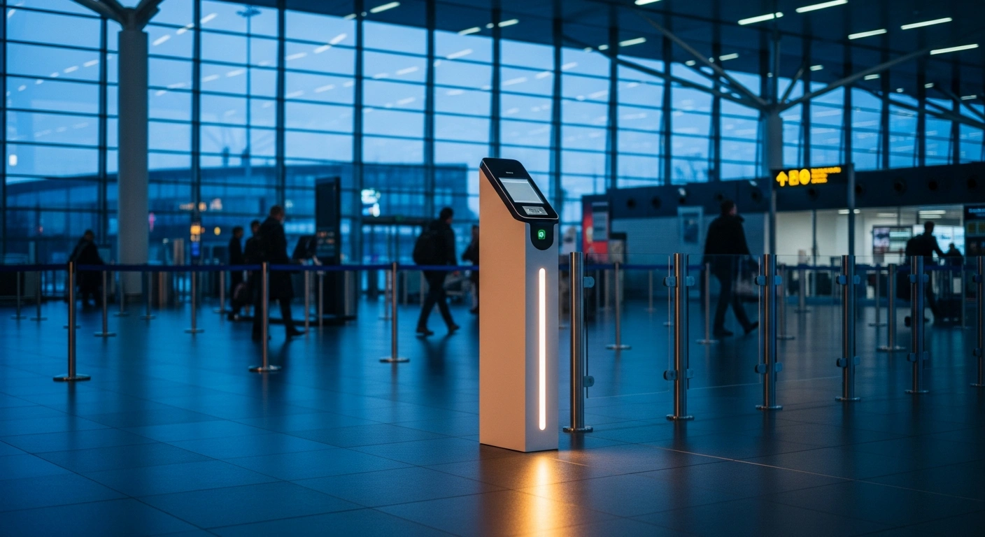 A modern digital border control scanner stands in an airport terminal as the Australian Department of Home Affairs implements new visa suspension powers.