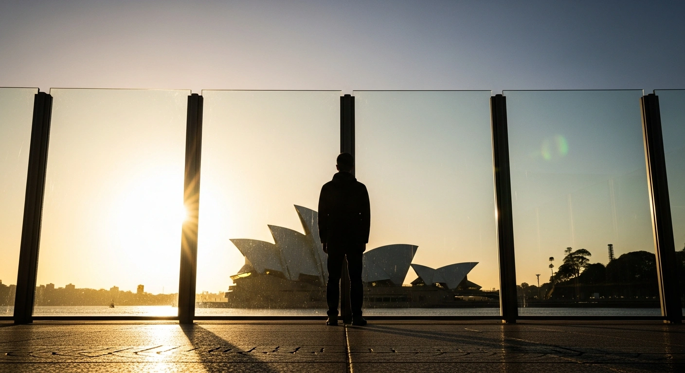 A lone, silhouetted figure stands before an opaque glass barrier with the Sydney Opera House visible in the distance under a golden sunset, representing the visa cancellation of British-Israeli social media influencer Sammy Yahood by Australia's Home Affairs Minister Tony Burke for spreading hate speech.