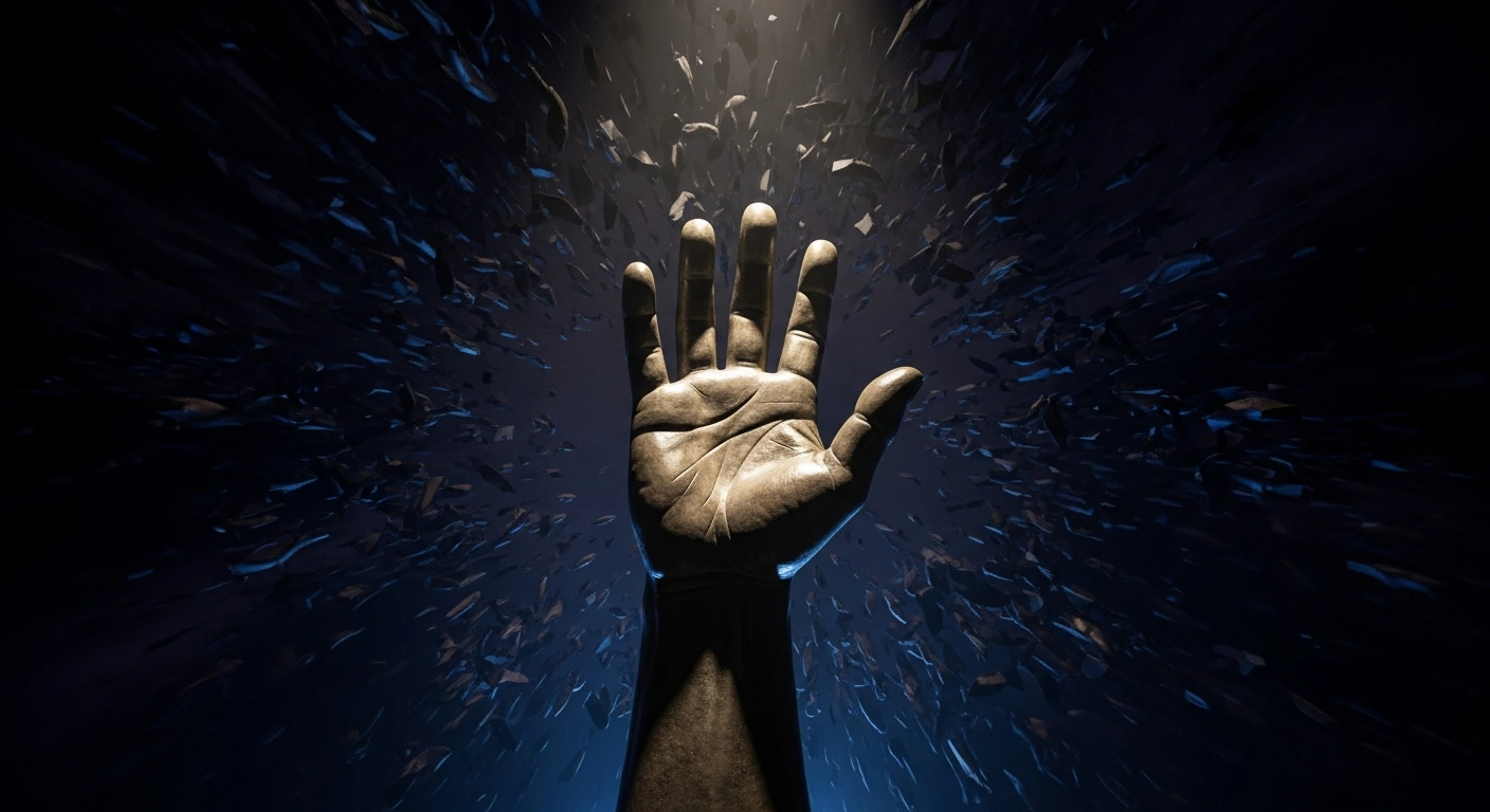 A colossal, illuminated hand, sculpted from dark stone, firmly pushes back against swirling, fragmented shadowy forms, symbolizing Australia's new legislation to refuse or cancel visas for individuals engaged in hate speech and extremist vilification, as part of a broader anti-extremism package.
