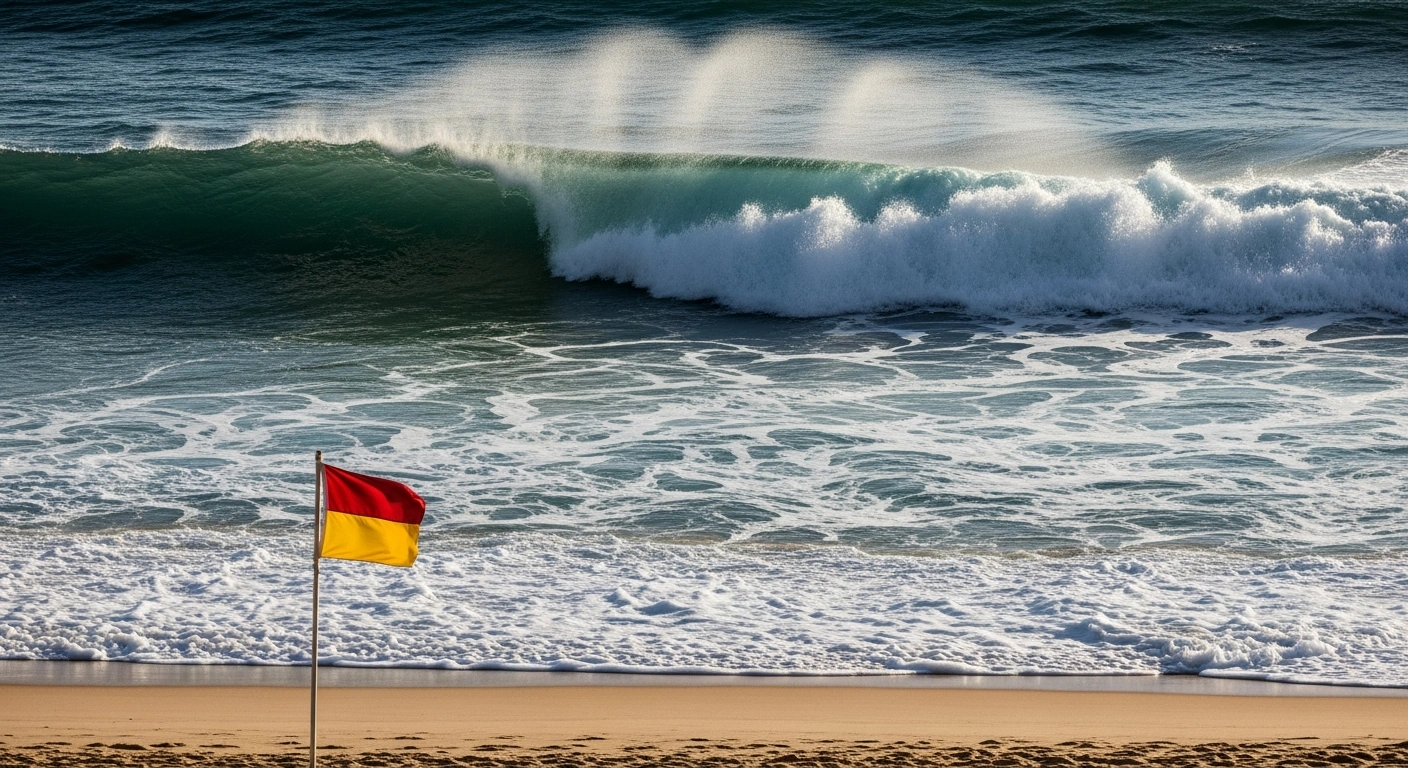 A dramatic, high-angle shot of a powerful, churning blue-green ocean swell breaking near a pristine Australian beach, with a weathered red and yellow surf life saving flag planted in the golden sand, symbolizing urgent water safety warnings for the holiday season.