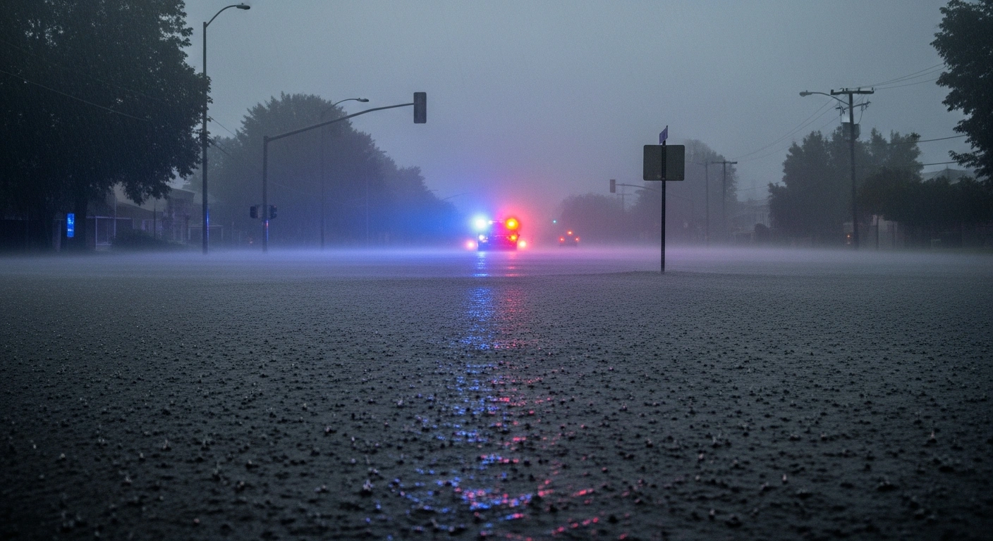 A heavily flooded street at night in South Australia or Victoria, with torrential rain falling and the reflections of emergency vehicle lights visible on the water, illustrating the widespread flooding and travel disruptions caused by a low-pressure system.