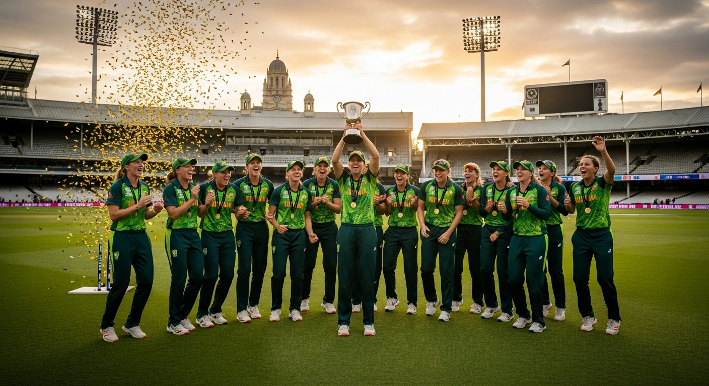 The Australian women's cricket team celebrates winning their seventh T20 World Cup title on the field at Lord's Cricket Ground.
