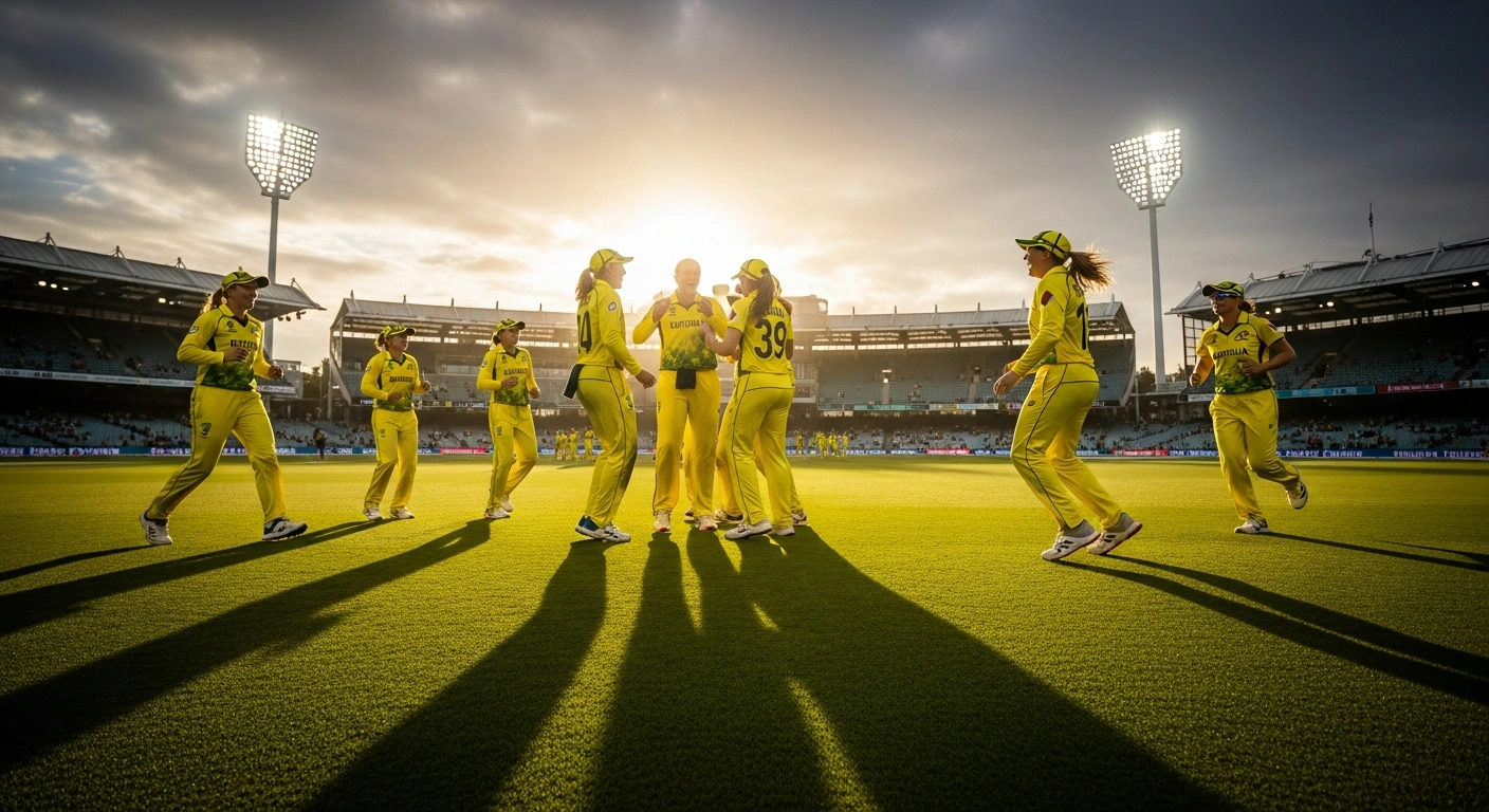 The Australian women's cricket team celebrates their seventh T20 World Cup victory on the field at Lord's Cricket Ground.