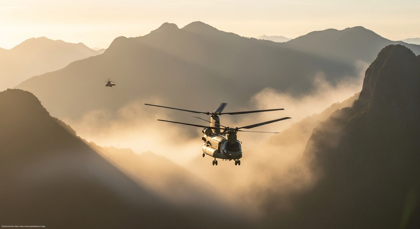 A powerful Australian Army CH-47F Chinook helicopter from the 5th Aviation Regiment flies through mist-shrouded, high-altitude mountainous terrain in Papua New Guinea during crucial training.