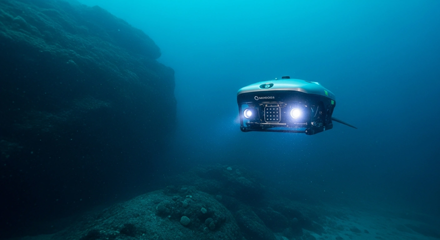 An autonomous underwater vehicle navigates through a dark ocean environment using advanced navigation technology developed for the Australian Defence Innovation Hub.