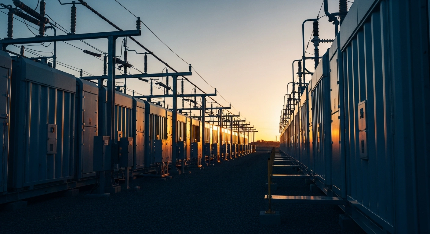 A large-scale battery energy storage system facility in Australia stands under a sunset sky to support renewable energy grid stability.