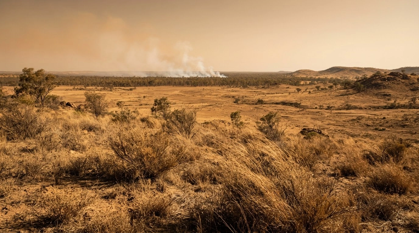 A vast, dry Australian landscape with parched vegetation and rising smoke under a hazy sky, highlighting the heightened risk of bushfires during the spring season.