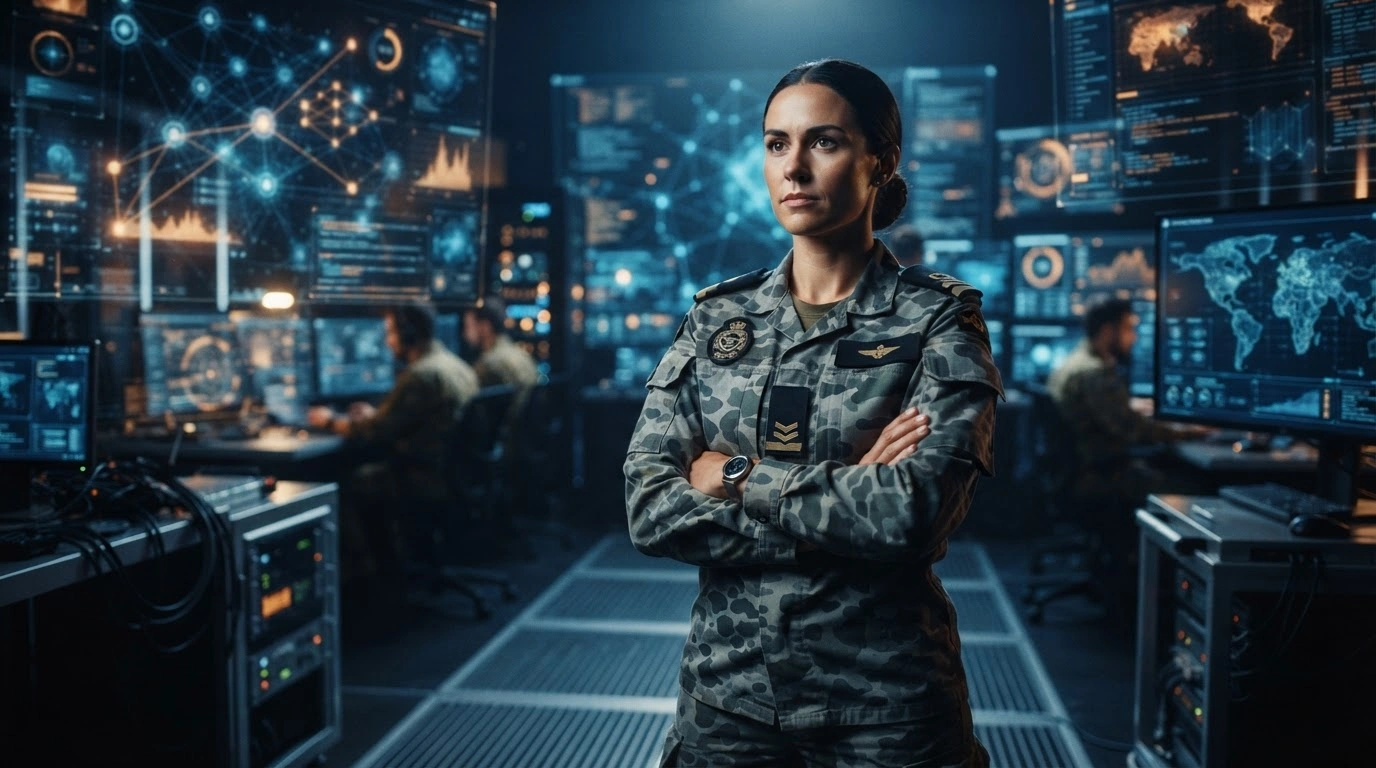 Squadron Leader Talia Hedges stands in a high-tech command center as the first recruit of the Australian Defence Force Cyber Reserve Force.