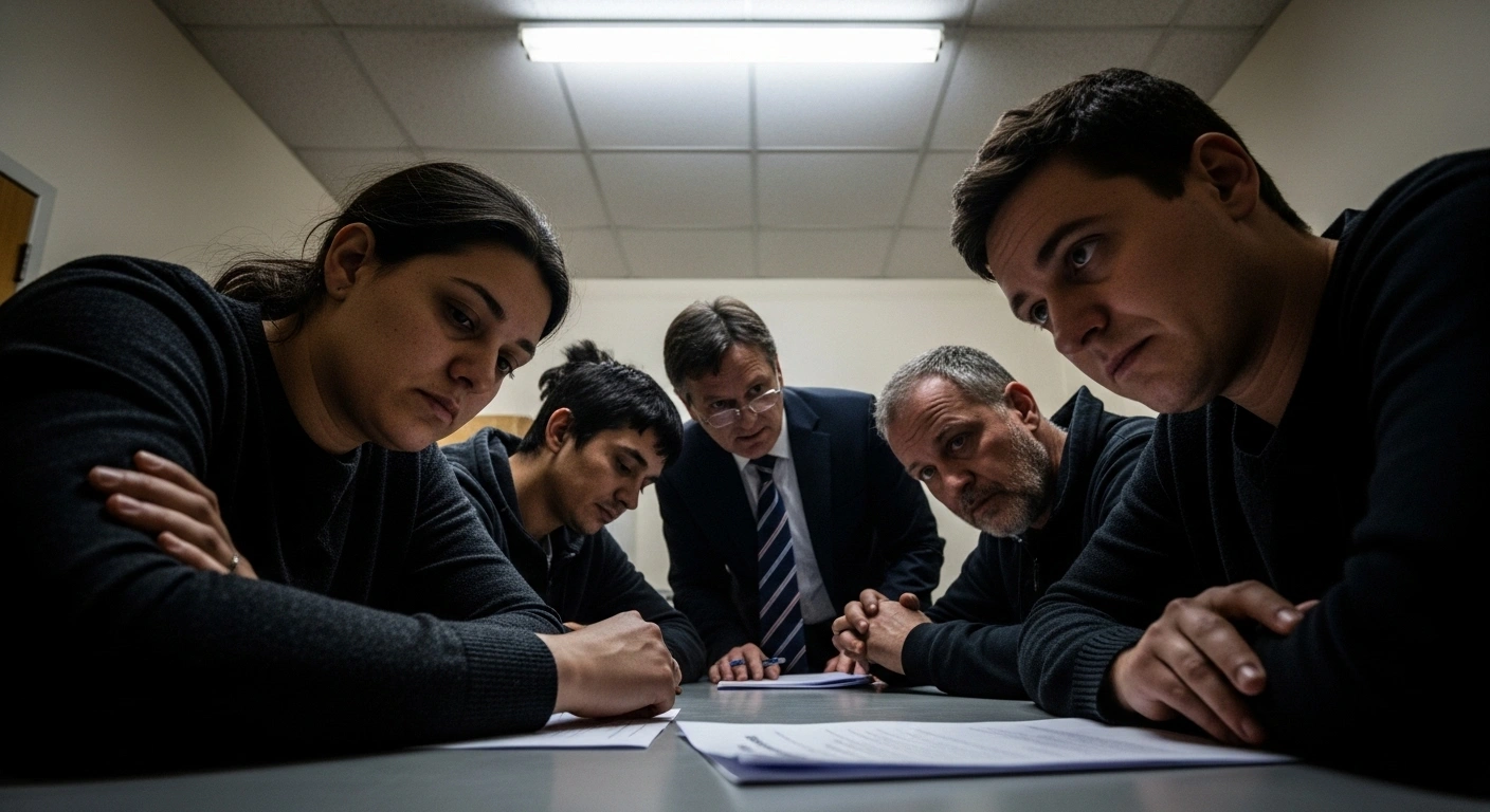 An Australian consular official offers assistance to several weary Australian activists, detained after their participation in the Global Sumud Flotilla, as they sit around a utilitarian table in a stark, fluorescent-lit room, representing their confinement in Israel.