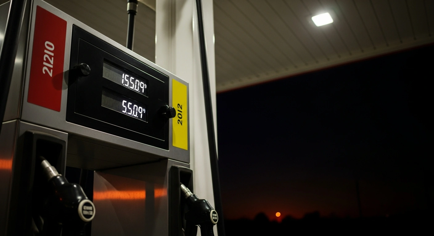 A close-up, low-angle view of a fuel pump at an Australian petrol station displaying rapidly increasing prices, with a subtle fiery glow on the distant horizon reflecting global tensions and rising oil costs.