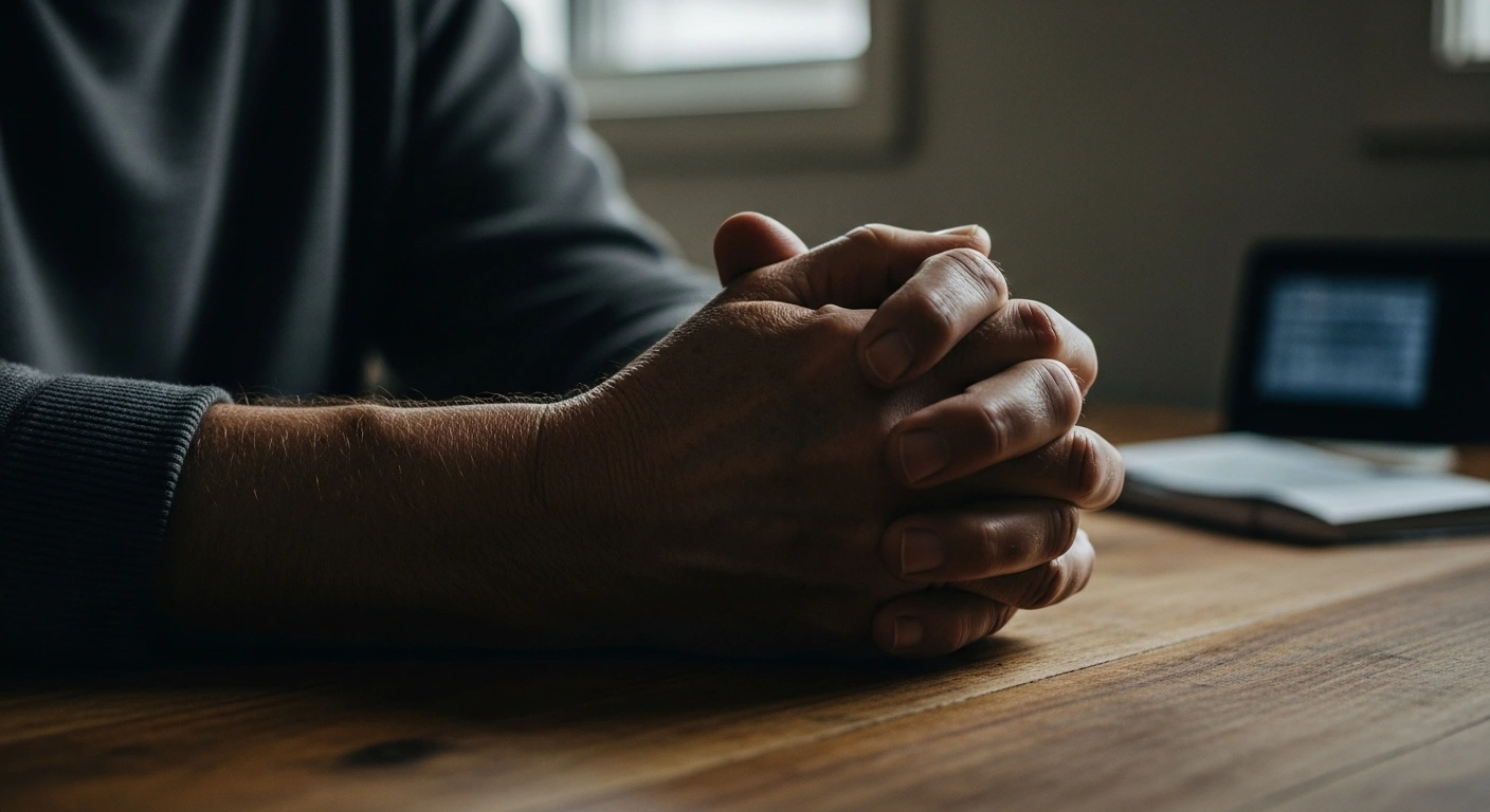 A close-up shot of an Australian borrower's clasped hands resting on a wooden table, symbolizing the impact of increased fixed interest rates by banks like Commonwealth Bank and Westpac, driven by persistent inflation and RBA cash rate hikes.