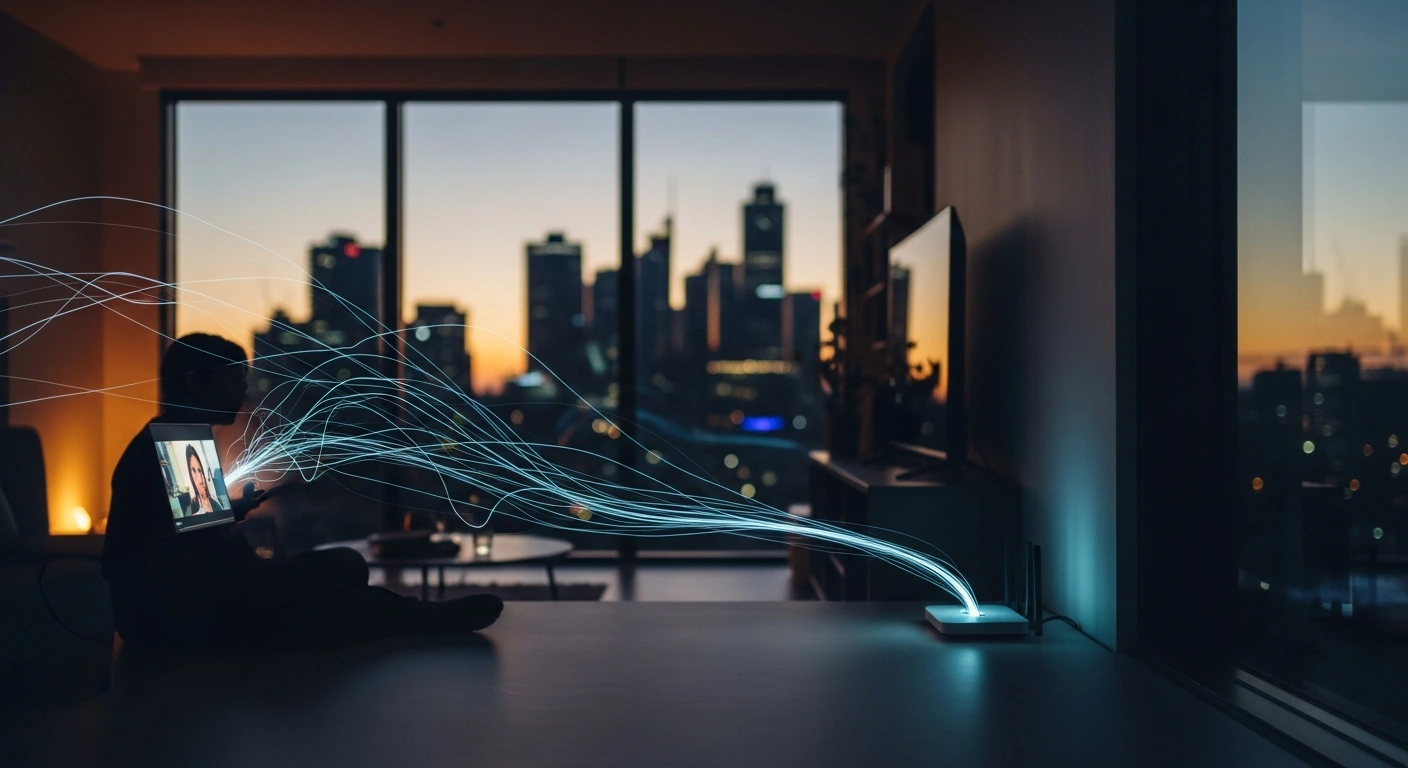 A wide, low-angle shot of a modern Australian living room at dusk, showing a silhouetted figure focused on a glowing screen, with ethereal blue light trails representing high-speed data flowing towards a sleek, pulsing router, symbolizing increased internet speeds and data consumption driven by network upgrades, streaming, and remote work.
