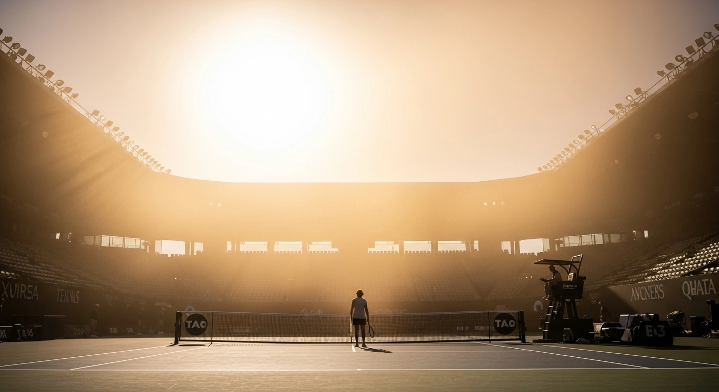 A sun-drenched tennis court at the Australian Open in Melbourne, shimmering with heat haze, with a solitary, exhausted player standing, symbolizing the extreme heat protocol and player withdrawals like Naomi Osaka's due to injury, which allowed Maddison Inglis to advance.
