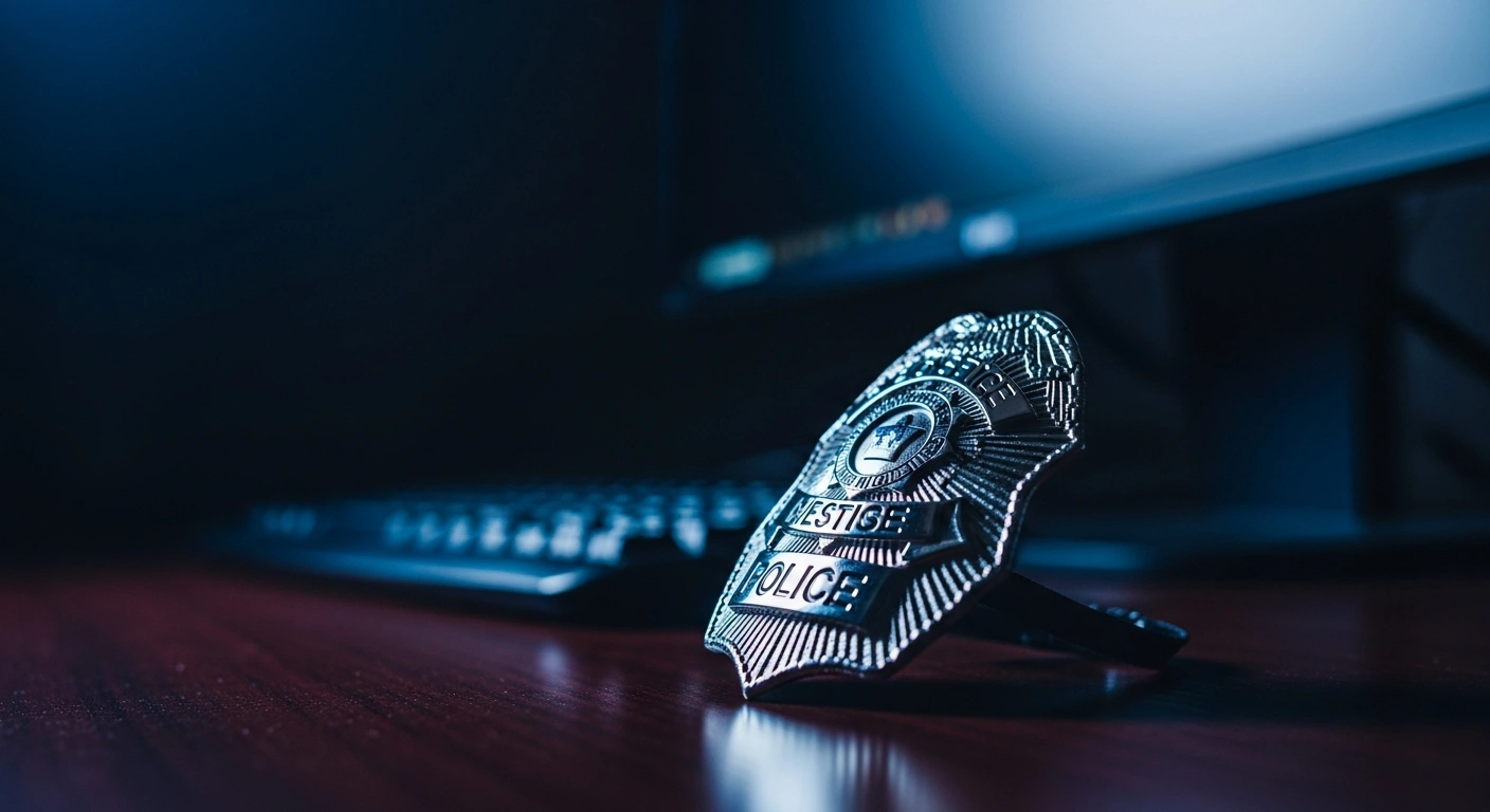 An Australian Federal Police badge sits on a desk as a symbol of the investigation that led to twenty-six men being charged with child exploitation offences.