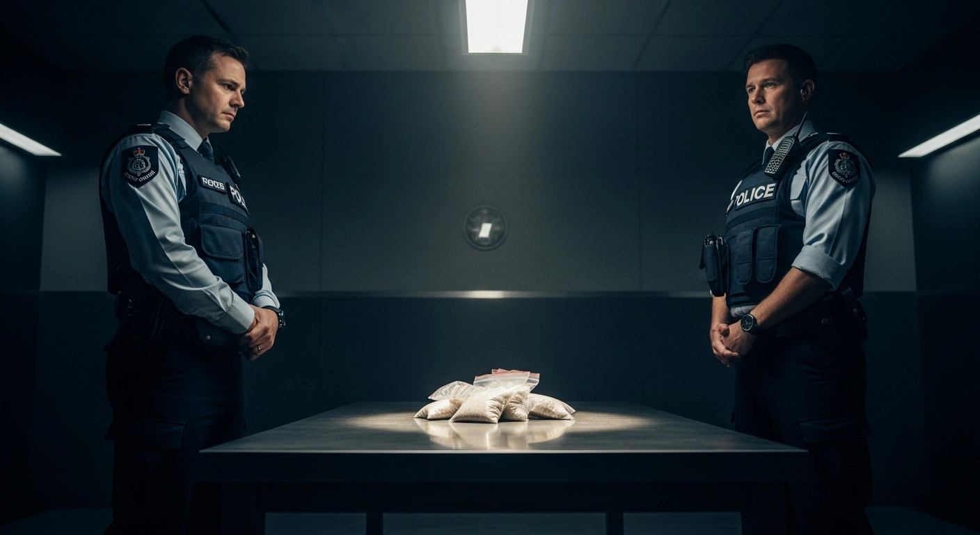 Australian Federal Police officers examine evidence bags containing seized heroin during an investigation into drug trafficking.