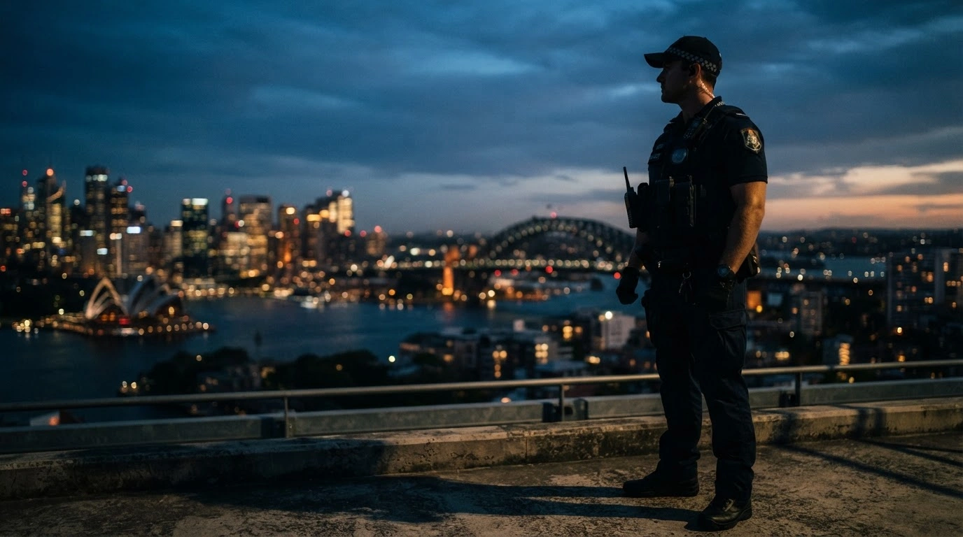 A security official stands watch over a modern Australian city as government agencies maintain vigilance following recent terror plot disruptions.