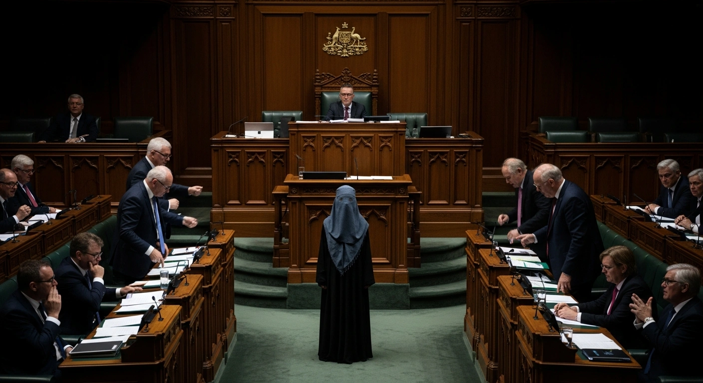 A lone figure, identified as Pauline Hanson, stands prominently in the Australian Senate chamber, controversially wearing a dark burqa, an act that led to her ejection and the suspension of parliamentary proceedings.