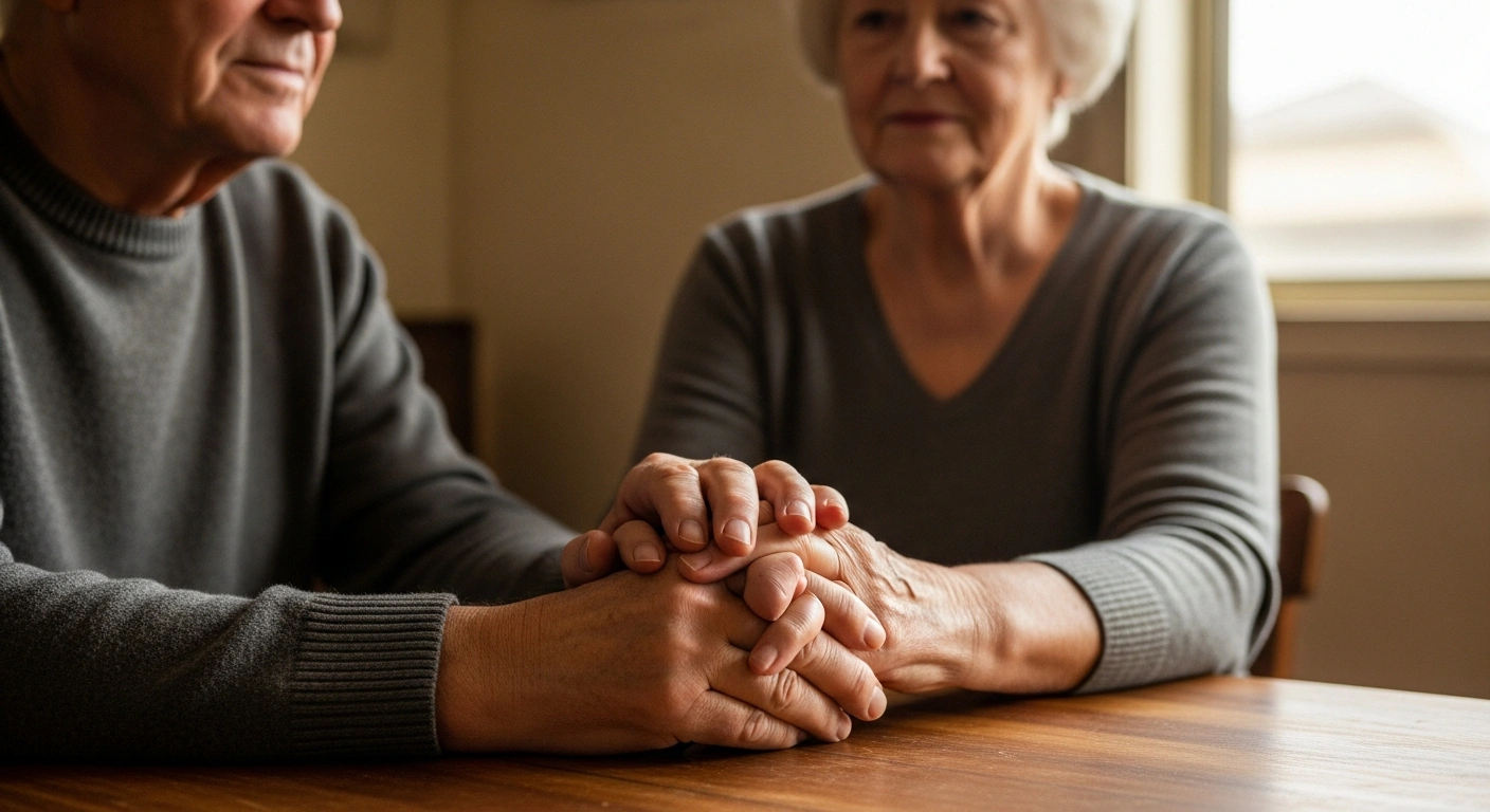 An elderly Australian couple sits at a table bathed in warm light, their clasped hands and expressions conveying a sense of quiet relief and security, symbolizing the updated Age Pension payment rates for seniors from February 12, 2026, aimed at helping manage rising living costs.