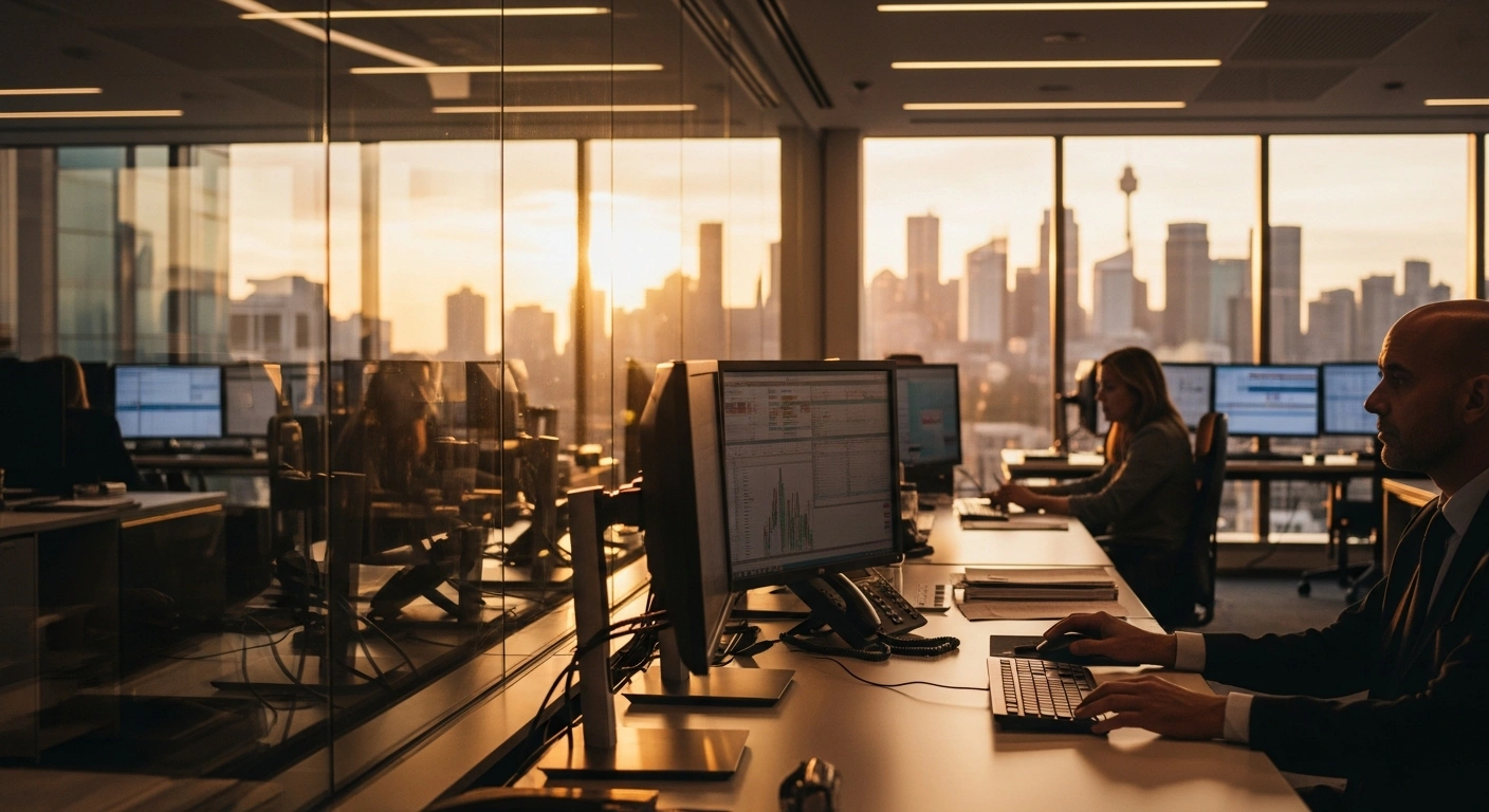 A professional trading floor in Sydney overlooks the city skyline during a successful day for the Australian share market as the ASX 200 index rebounds.