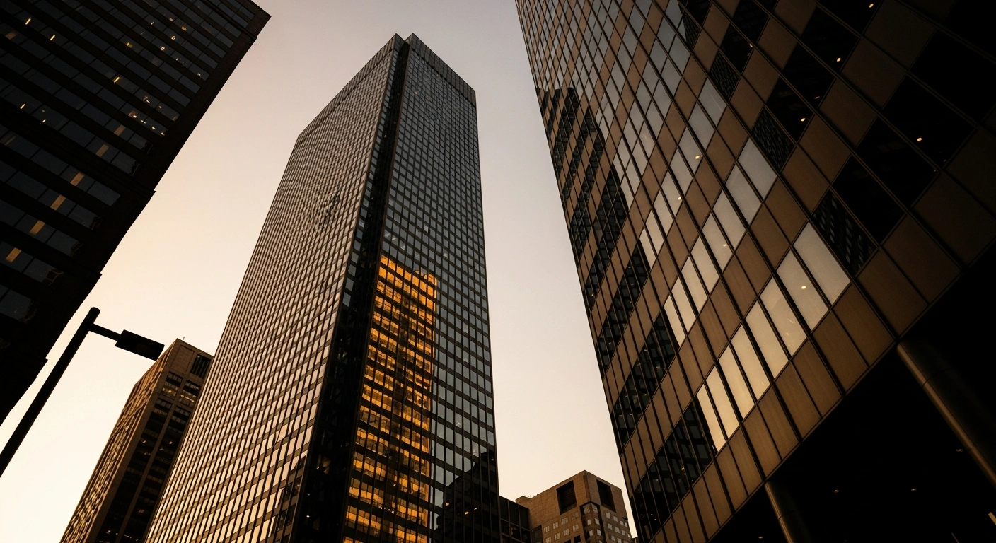 A modern financial district skyscraper reflects a golden sunset, representing the record-breaking growth of the Australian share market.
