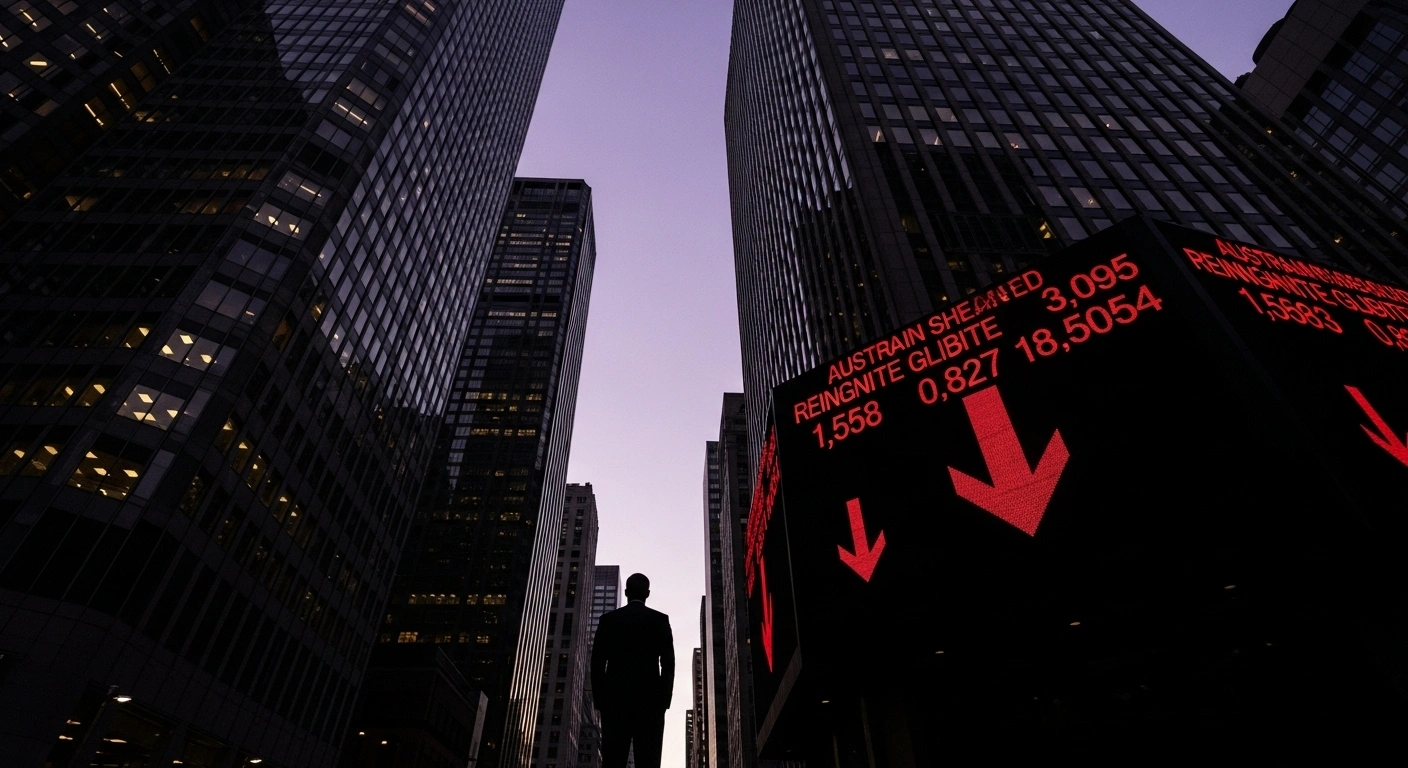 A dramatic, low-angle shot of a financial district at dusk, with a silhouetted figure observing a large digital display showing a significant drop in stock market indices, symbolizing the impact of renewed US-China trade tensions, new tariffs, and rare earth export controls on global investor sentiment, which caused Australian shares to fall.