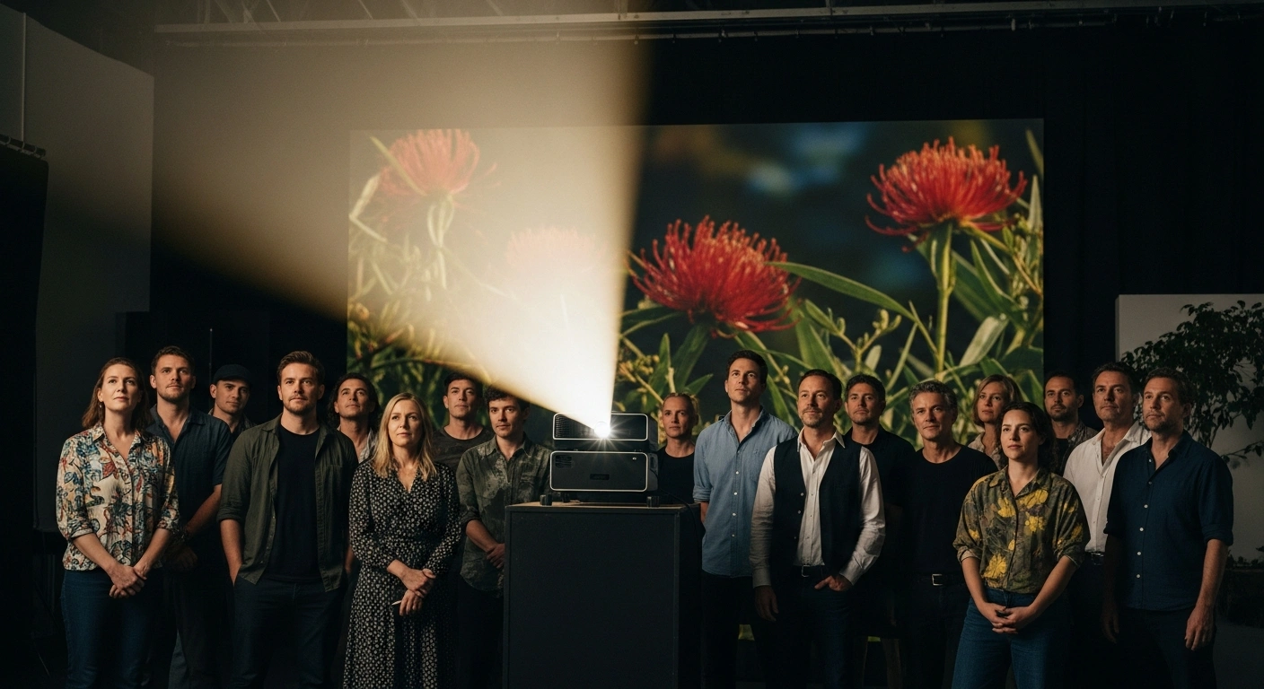 A diverse group of Australian filmmakers, actors, and crew members are illuminated by a soft, golden light in a modern studio, symbolizing the Australian government's new legislation requiring streaming services like Netflix and Disney+ to invest in local content to boost the domestic screen industry.