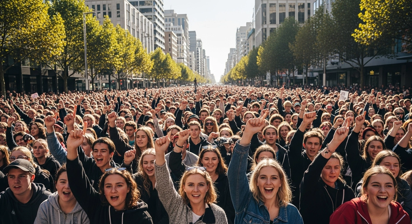Thousands of Australian students participate in a coordinated protest walkout in a city plaza to advocate for inclusivity.