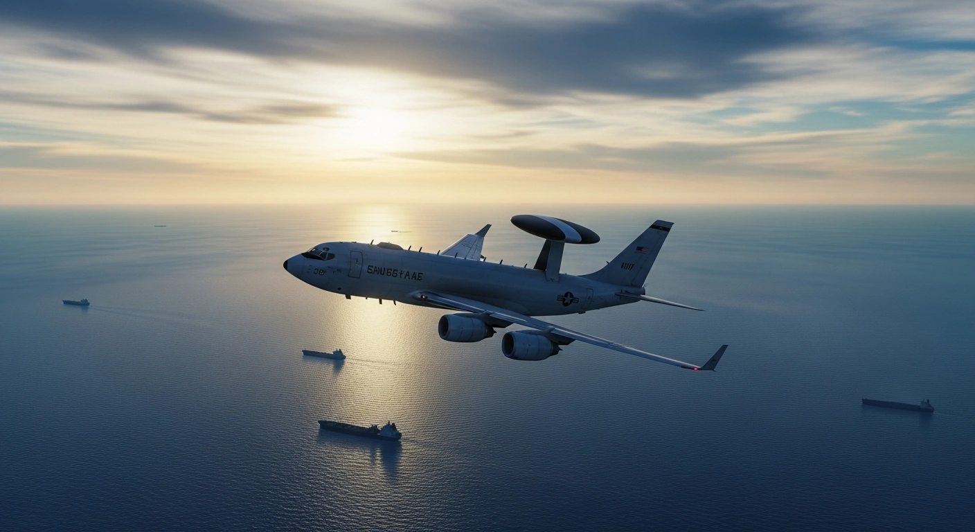An Australian E-7A Wedgetail surveillance aircraft flies over the Strait of Hormuz to support maritime security operations.
