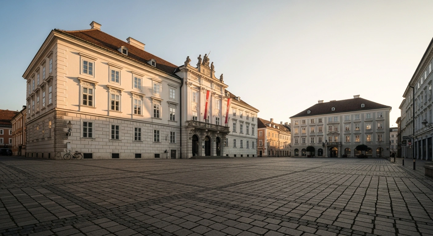 A wide, low-angle shot of a serene Austrian municipal building in a quiet town square, bathed in early morning light, representing Austria's calm 2026 election schedule primarily featuring municipal council elections in St. Pölten and Graz.