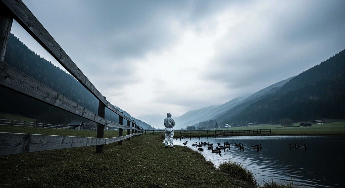 A wide, low-angle cinematic shot depicts a brooding Austrian alpine valley under an overcast sky, featuring a weathered wooden fence and a solitary figure in a biosecurity suit observing wildfowl near a dark pond, symbolizing Austria's high-risk classification for avian influenza (H5N1) and new biosecurity measures.