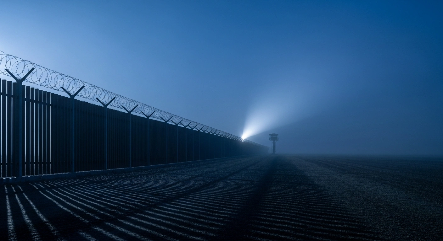 A desolate stretch of the Burgenland-Hungary border at dawn, featuring a long, imposing border fence under a cold, steely blue light, with no visible migrants, symbolizing the significant drop in illegal migration and asylum applications reported by Austria's Interior Ministry.