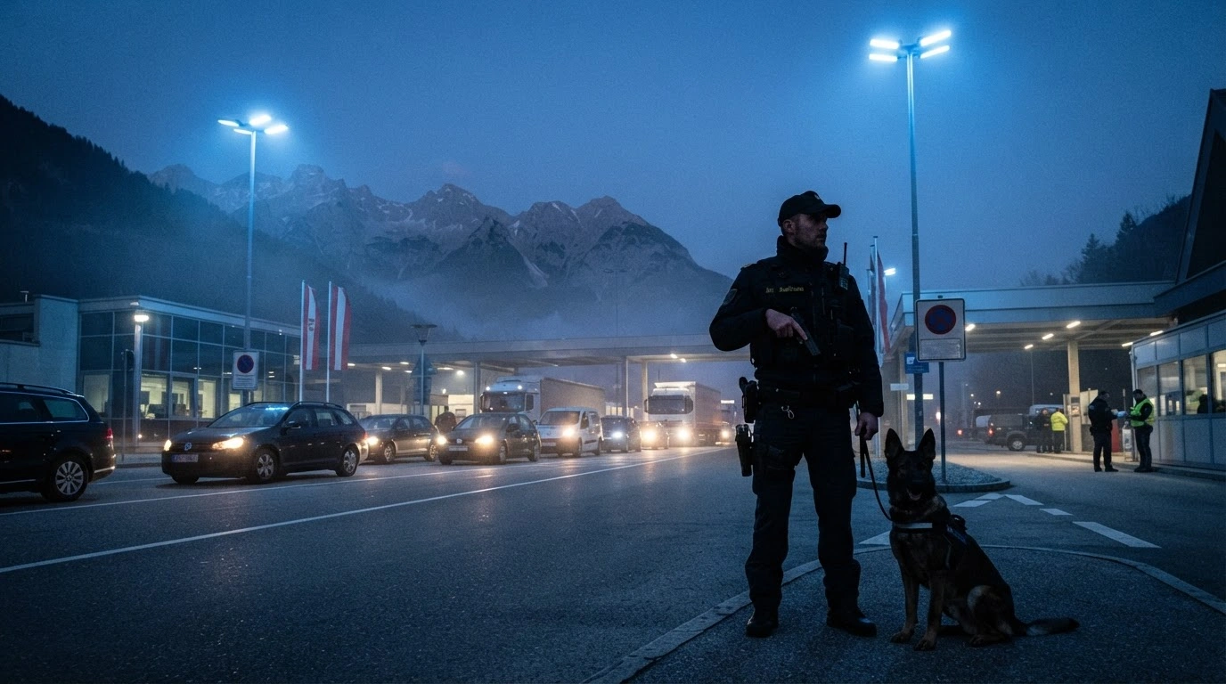 An Austrian border guard stands watch at a secure checkpoint during twilight to represent the government's commitment to border security and domestic stability.