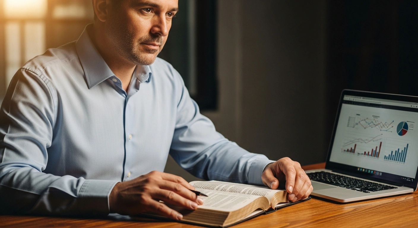 A mature man, aged 45-60, sits at a wooden desk, his hand resting on an open theological book, with a laptop displaying a business report nearby, symbolizing the 'Second Pathway for Late Vocations' program for priestly training in the Catholic Church in Austria.